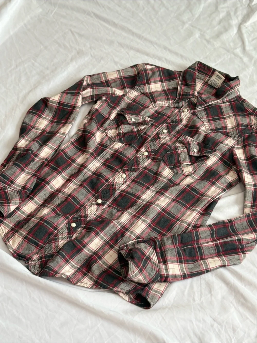 True Religion Western Plaid Pearl Snap Flannel Shirt Red Gray Men’s Medium M